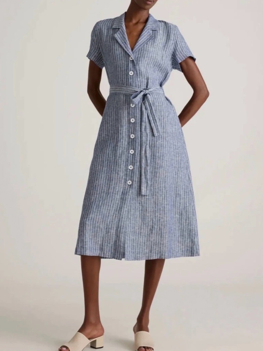 Quince % European Linen Button Front Dress in Chambray Stripe Medium